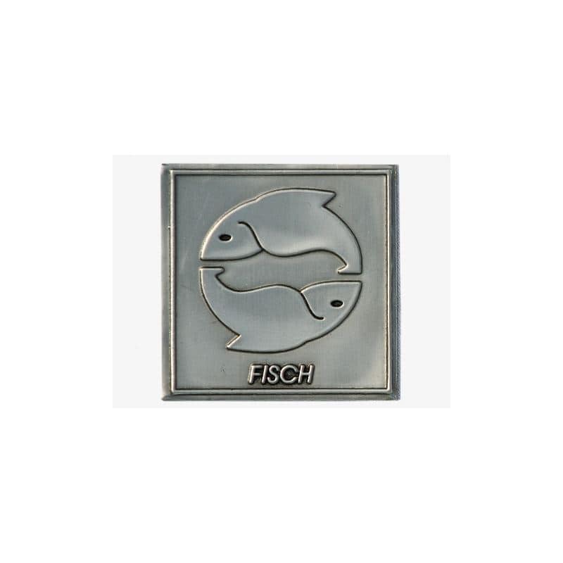 Etykieta cynowa 'Ryby', kwadratowa, metal, kolor srebrny