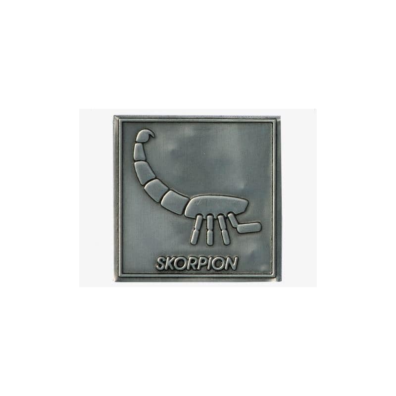 Etykieta cynowa 'Skorpion', kwadratowa, metal, kolor srebrny