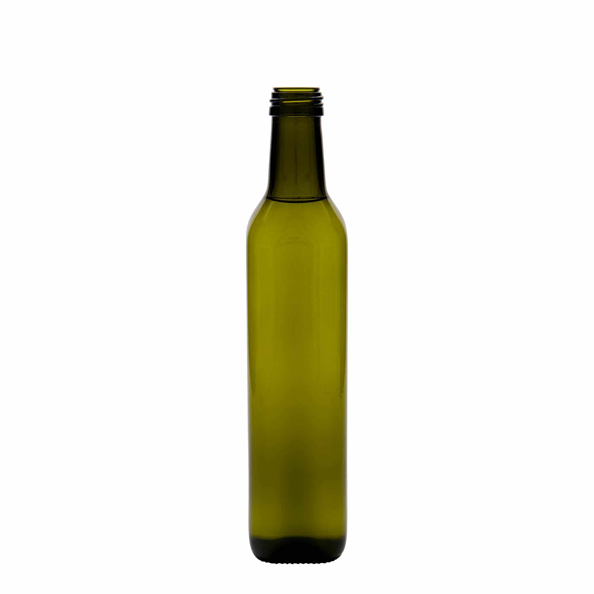 500 ml butelka szklana 'Marasca', kwadratowa, kolor zielony antyczny, zamknięcie: PP 31,5