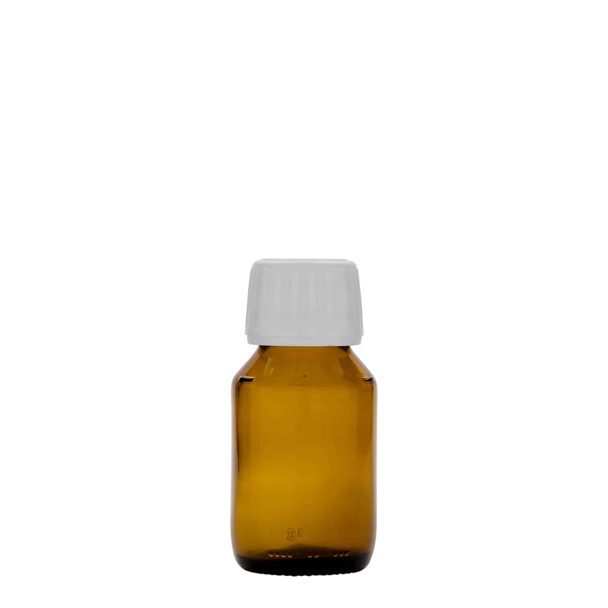 50 ml butelka farmaceutyczna, kolor brązowy, szkło, zamknięcie: PP 28