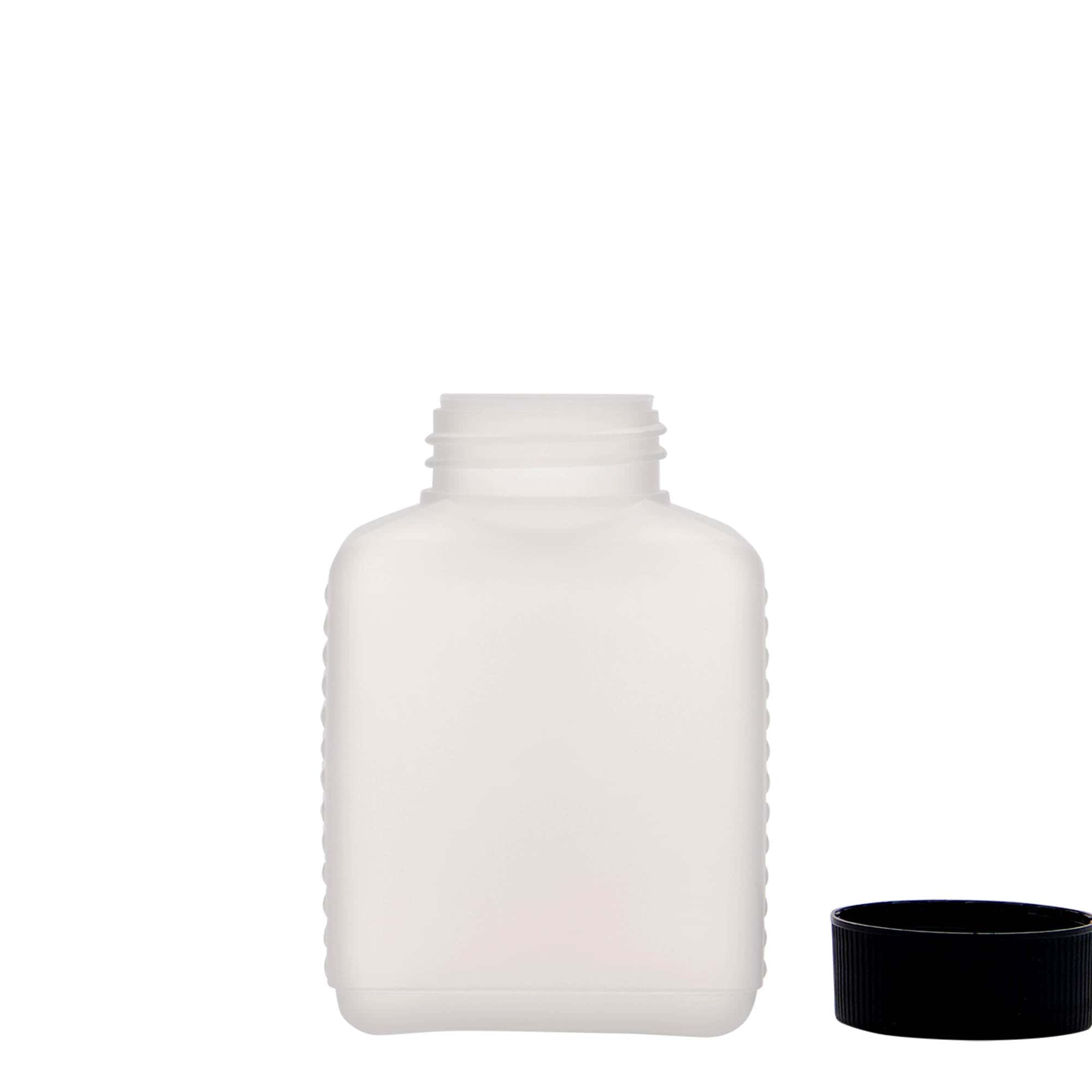 250 ml butelka z szeroką szyjką, prostokątna, tworzywo sztuczne HDPE, kolor naturalny, zamknięcie: DIN 40 EPE