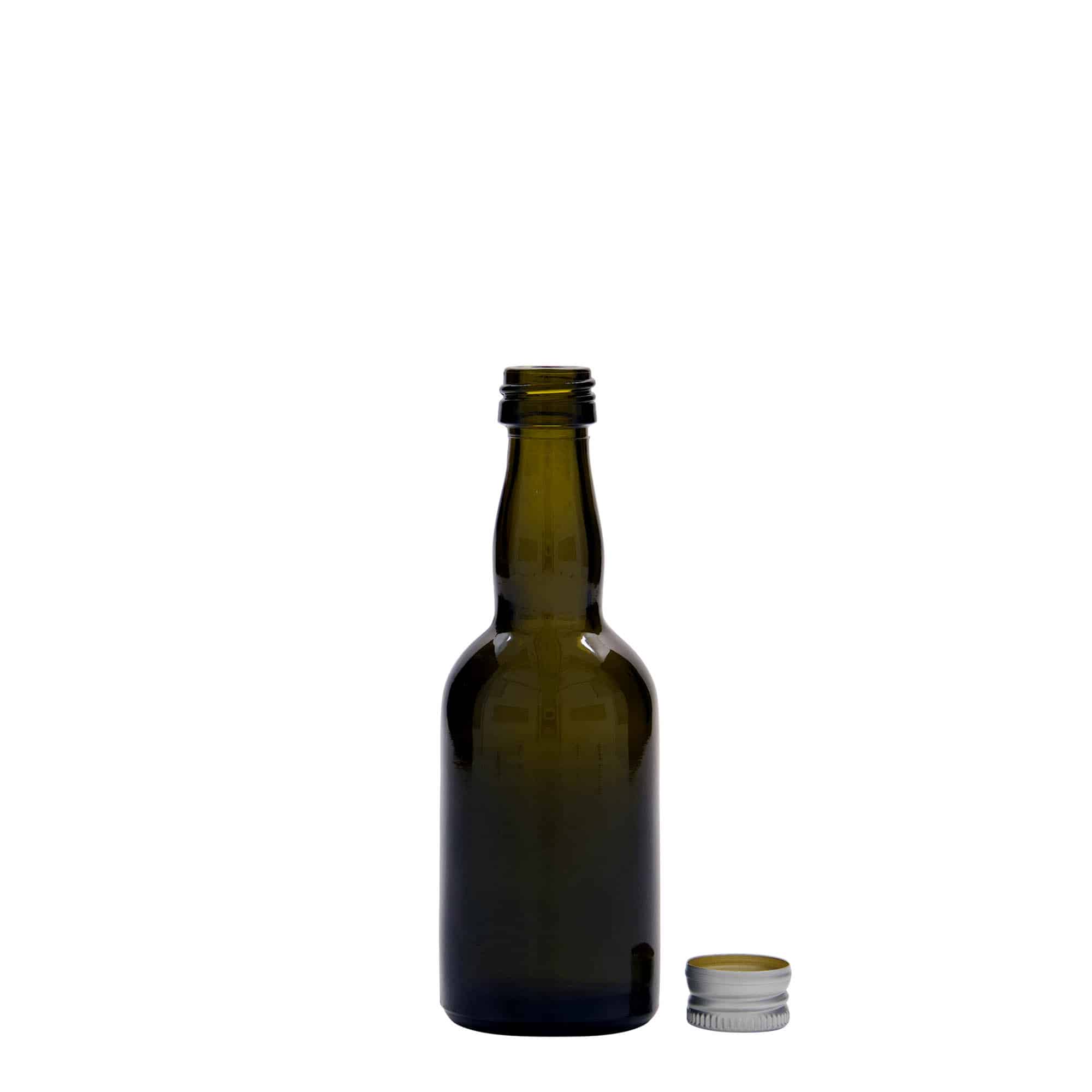50 ml butelka szklana 'Proba', kolor zielony antyczny, zamknięcie: PP 18