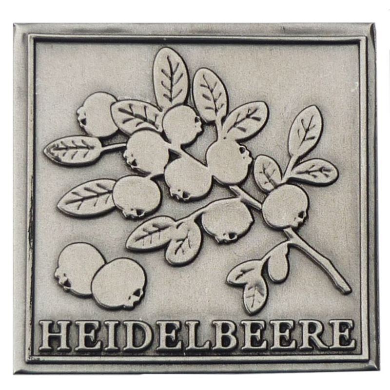 Etykieta cynowa 'Borówki', kwadratowa, metal, kolor srebrny