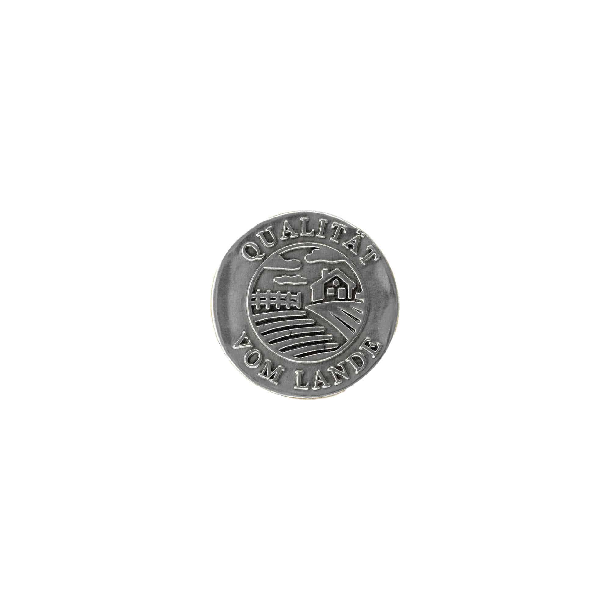 Etykieta cynowa 'Jakość z obszarów wiejskich', okrągła, metal, kolor srebrny