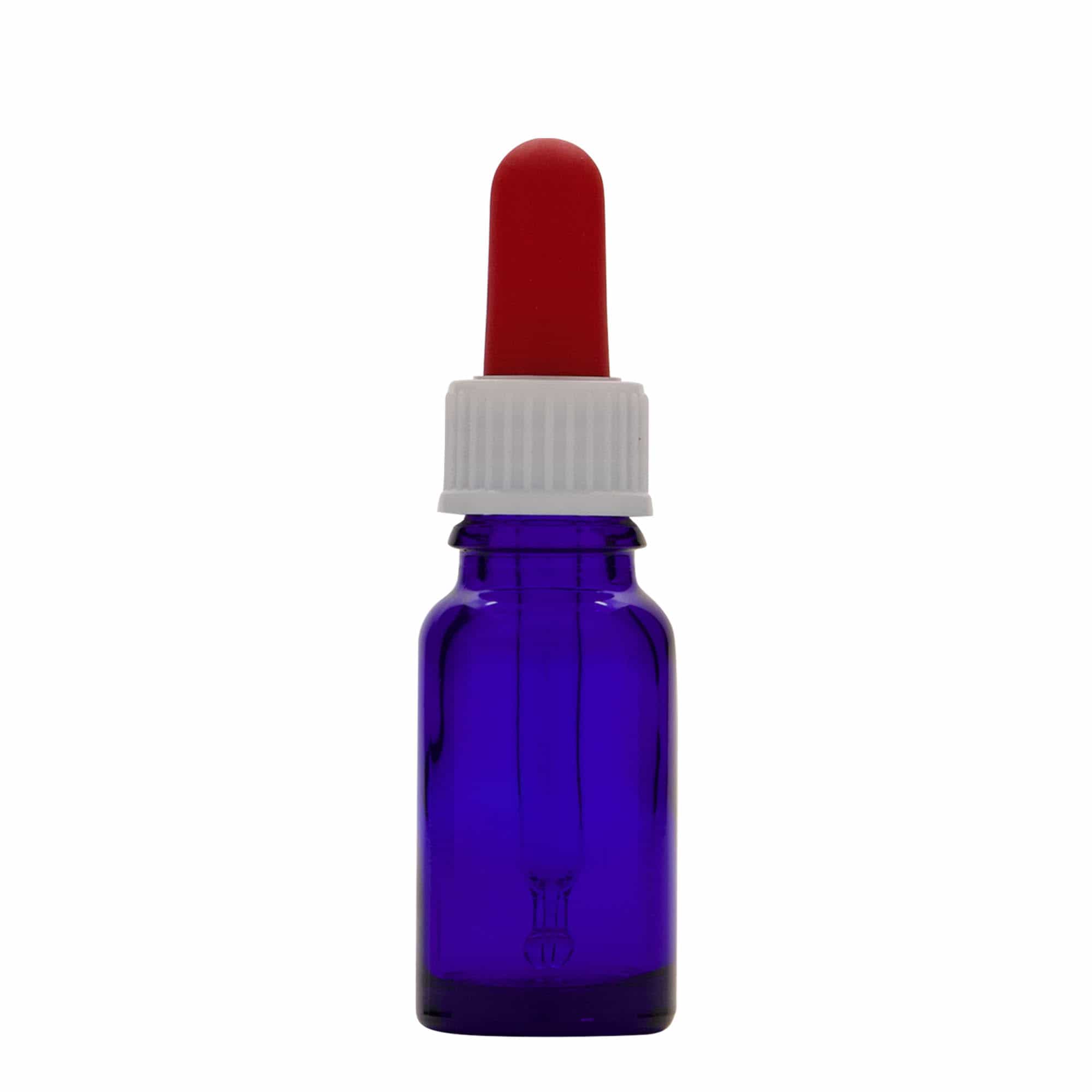10 ml butelka farmaceutyczna z pipetą, szkło, kolor błękit królewski i czerwony, zamknięcie: DIN 18