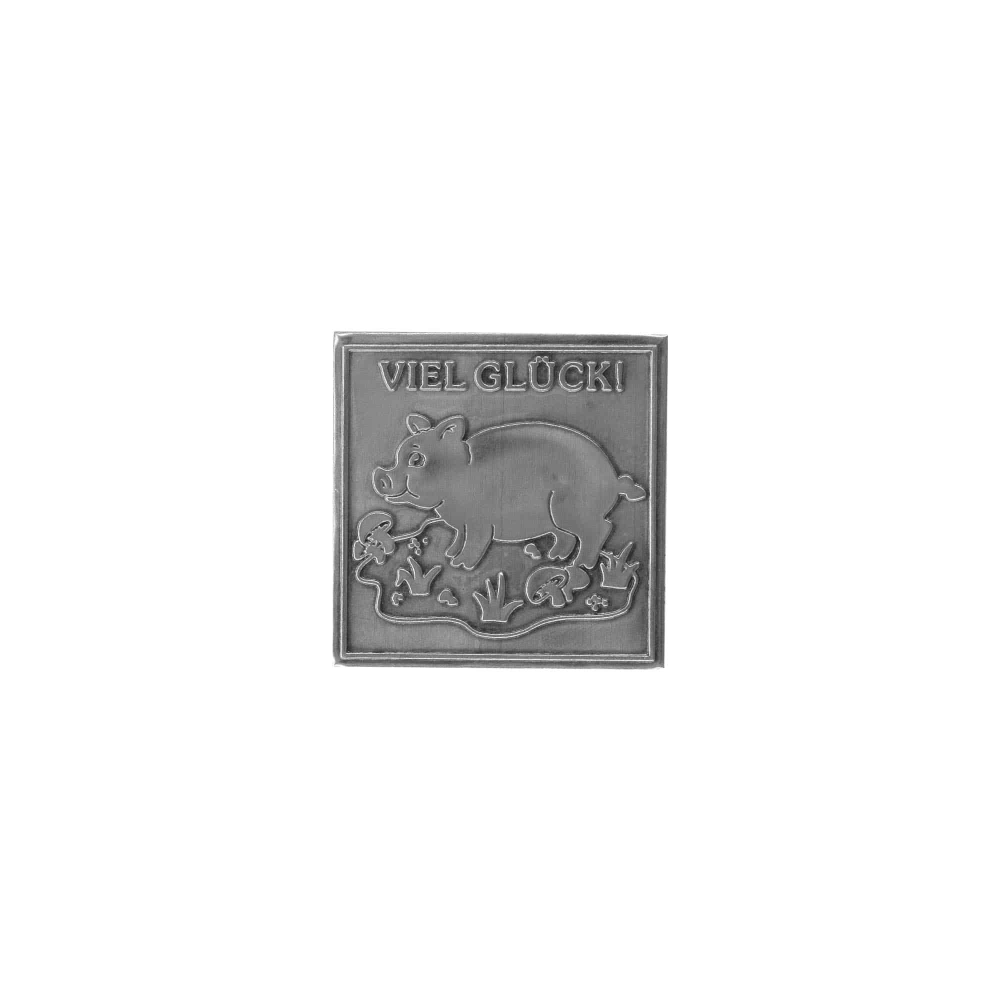 Etykieta cynowa 'Powodzenia', kwadratowa, metal, kolor srebrny