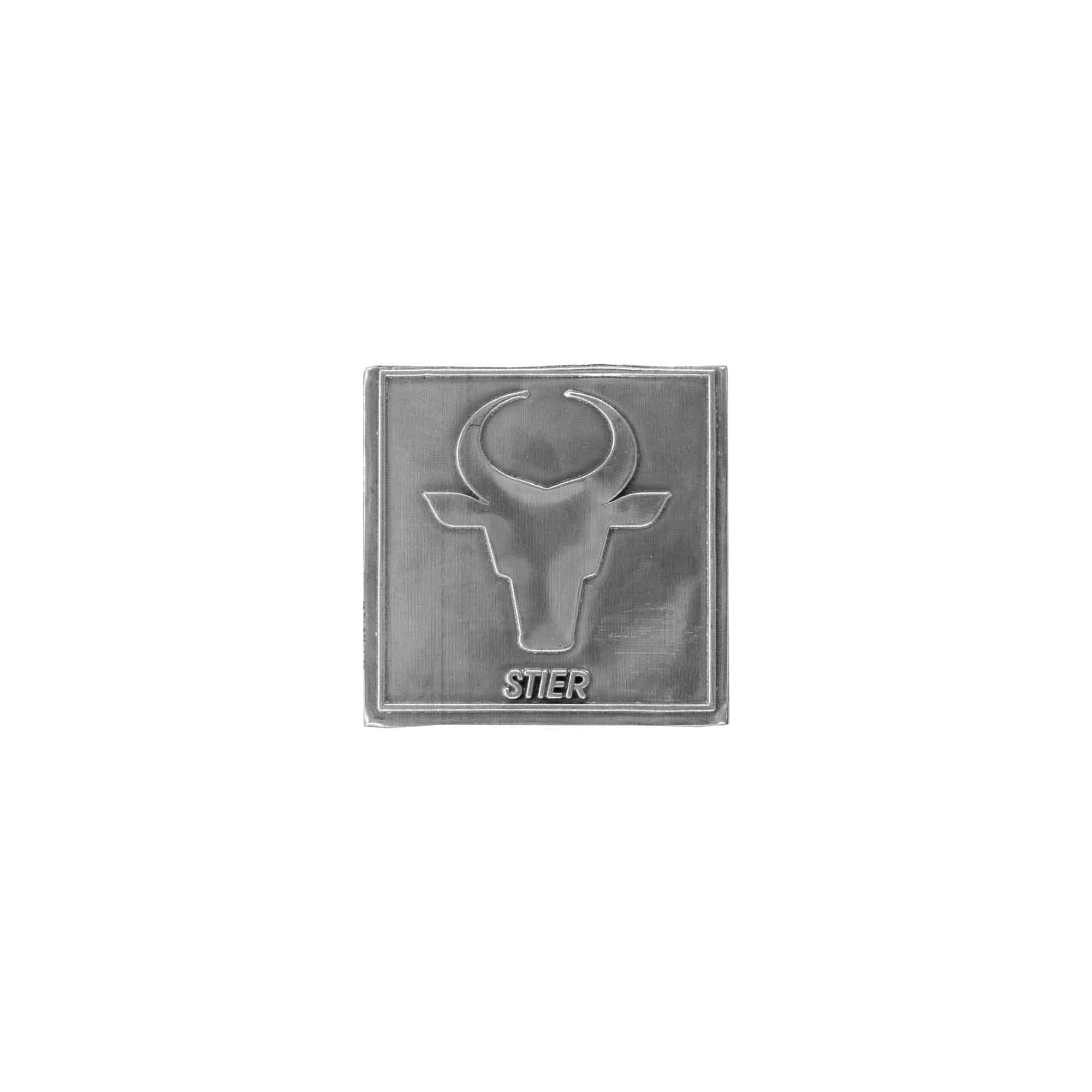 Etykieta cynowa 'Byk', kwadratowa, metal, kolor srebrny
