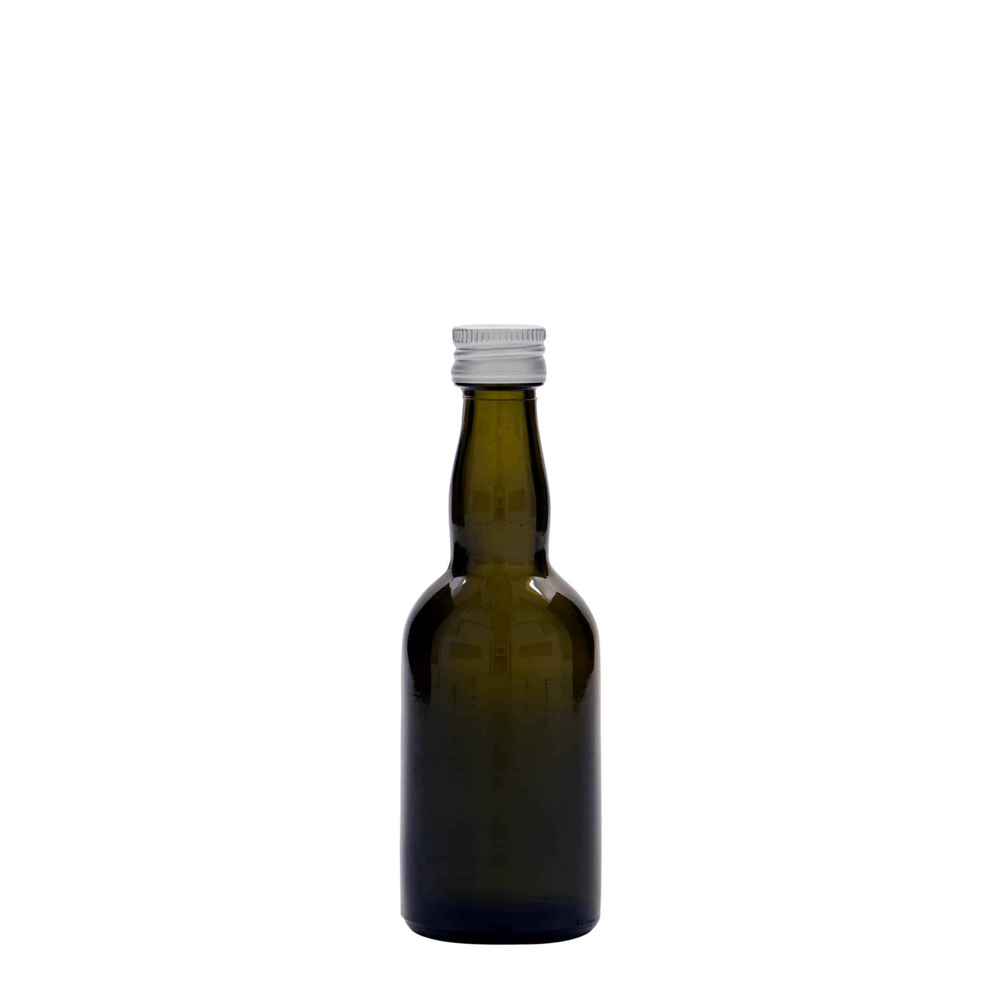 50 ml butelka szklana 'Proba', kolor zielony antyczny, zamknięcie: PP 18