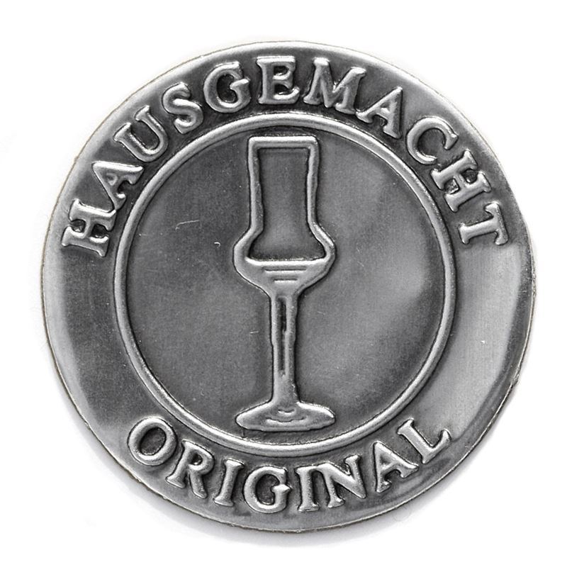 Etykieta cynowa 'Oryginalne domowy', okrągła, metal, kolor srebrny